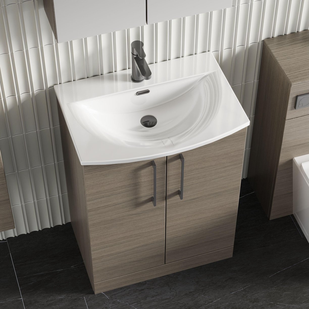 600mm FS 2-Door Vanity & Basin 4 - Solace Oak Woodgrain