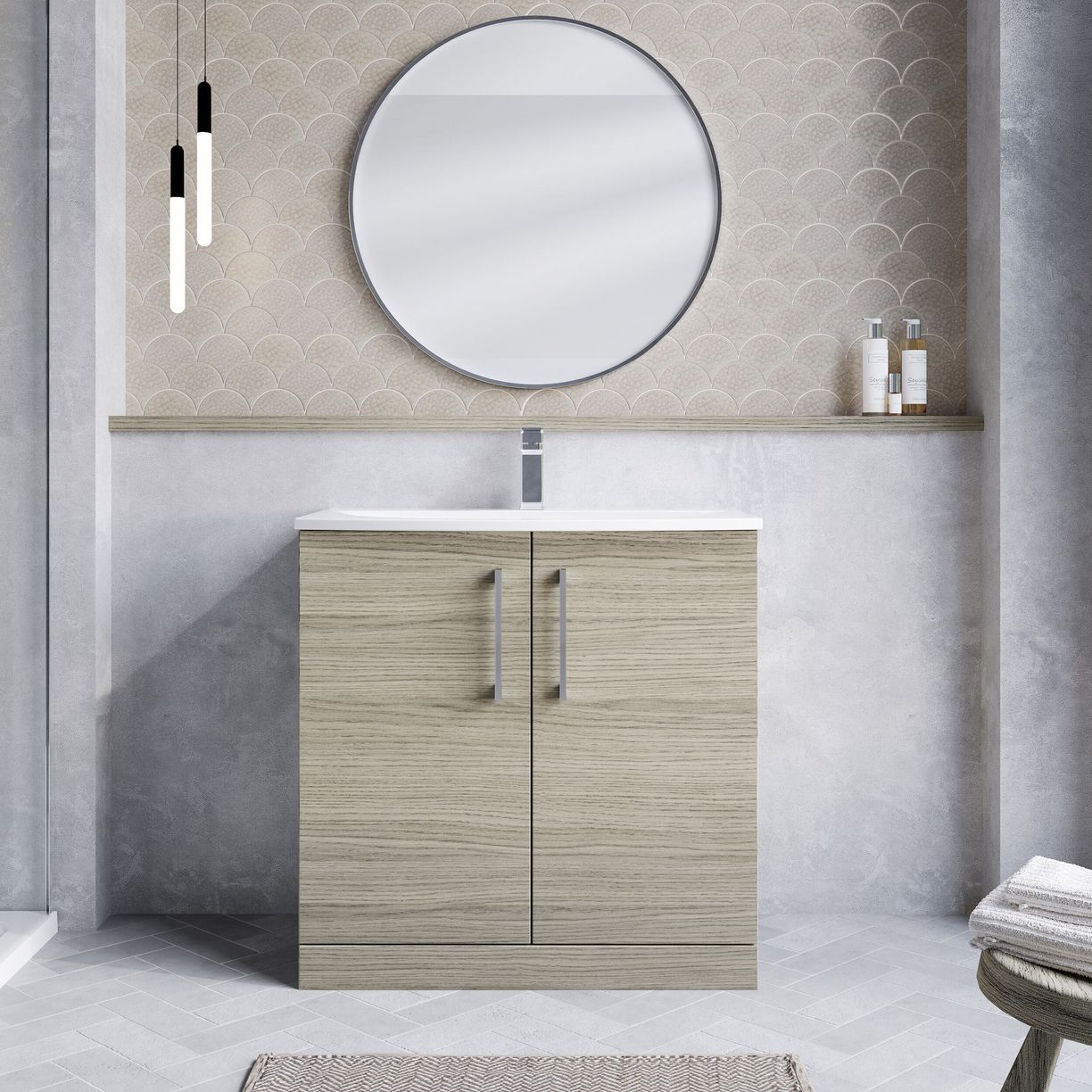 800mm FS 2-Door Vanity & Basin 4 - Solace Oak Woodgrain