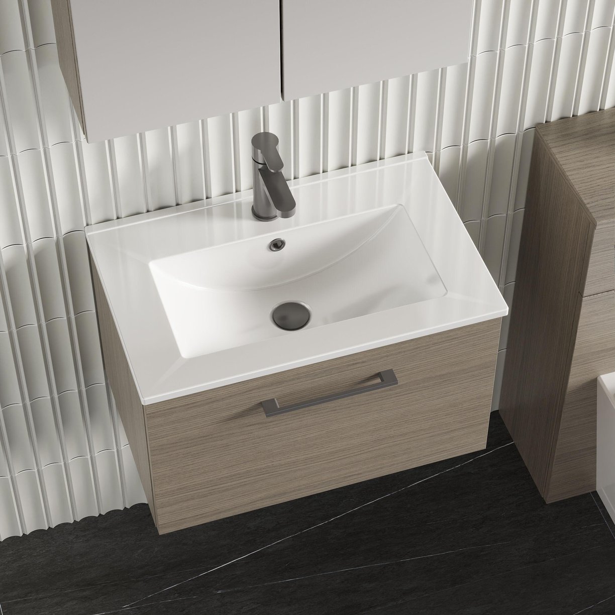 600mm WH 1-Drawer Vanity & Basin 2 - Solace Oak Woodgrain