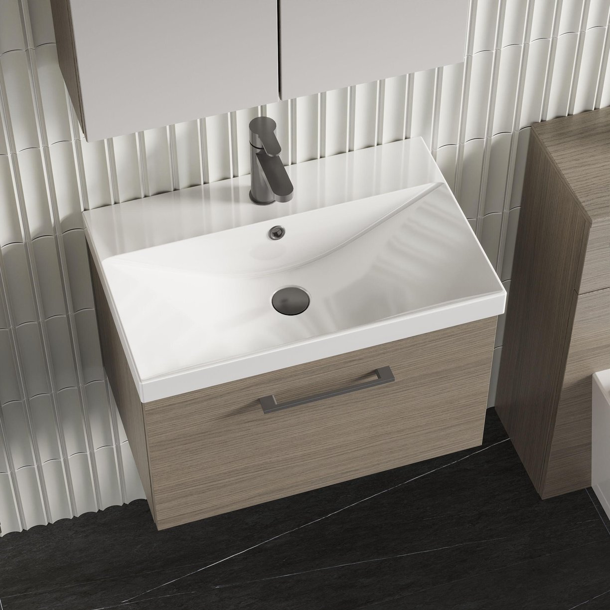 600mm WH 1-Drawer Vanity & Basin 3 - Solace Oak Woodgrain