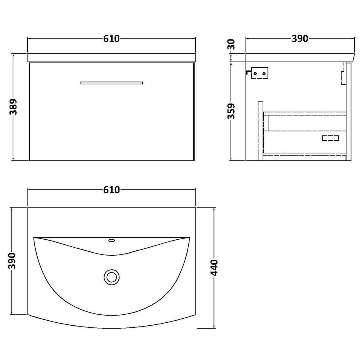 600mm WH 1-Drawer Vanity & Basin 4 - Solace Oak Woodgrain