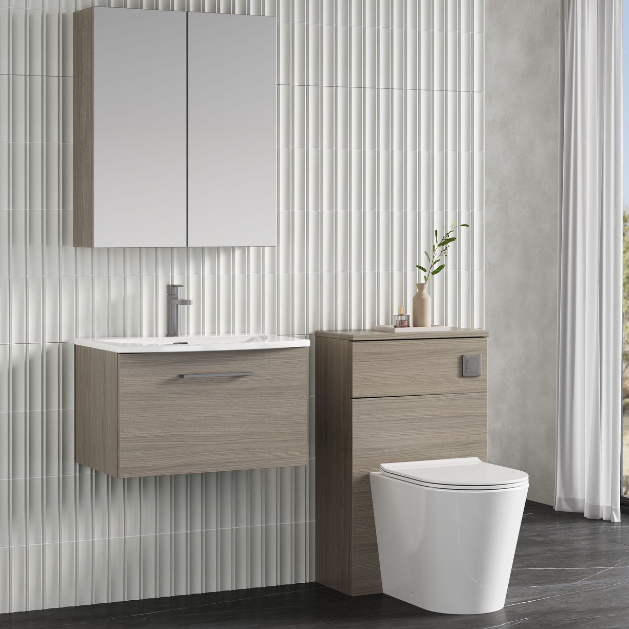 600mm WH 1-Drawer Vanity & Basin 4 - Solace Oak Woodgrain