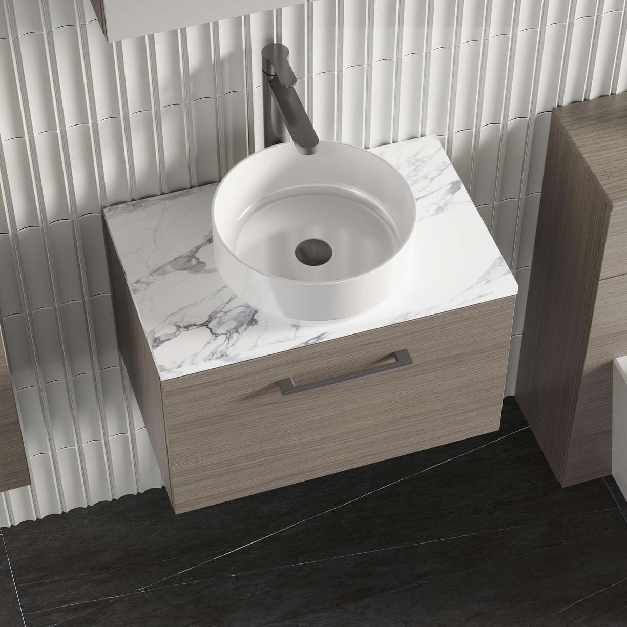 600mm Wh 1-Drawer Vanity & Laminate Top - Grey Vicenza Oak