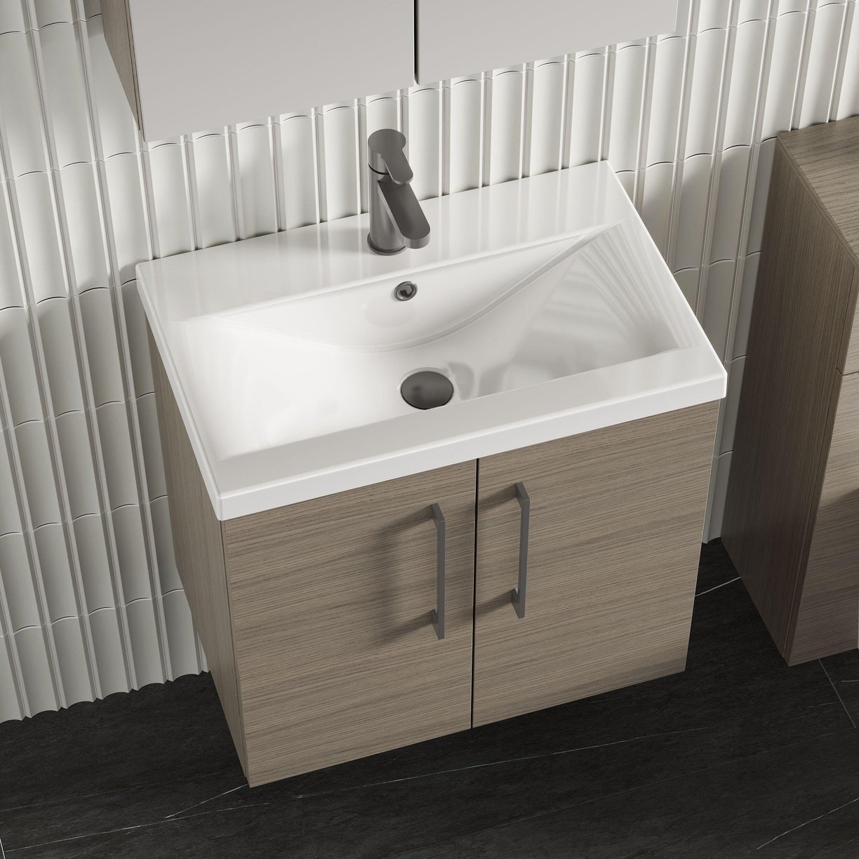 600mm WH 2-Door Vanity & Basin 1 - Solace Oak Woodgrain