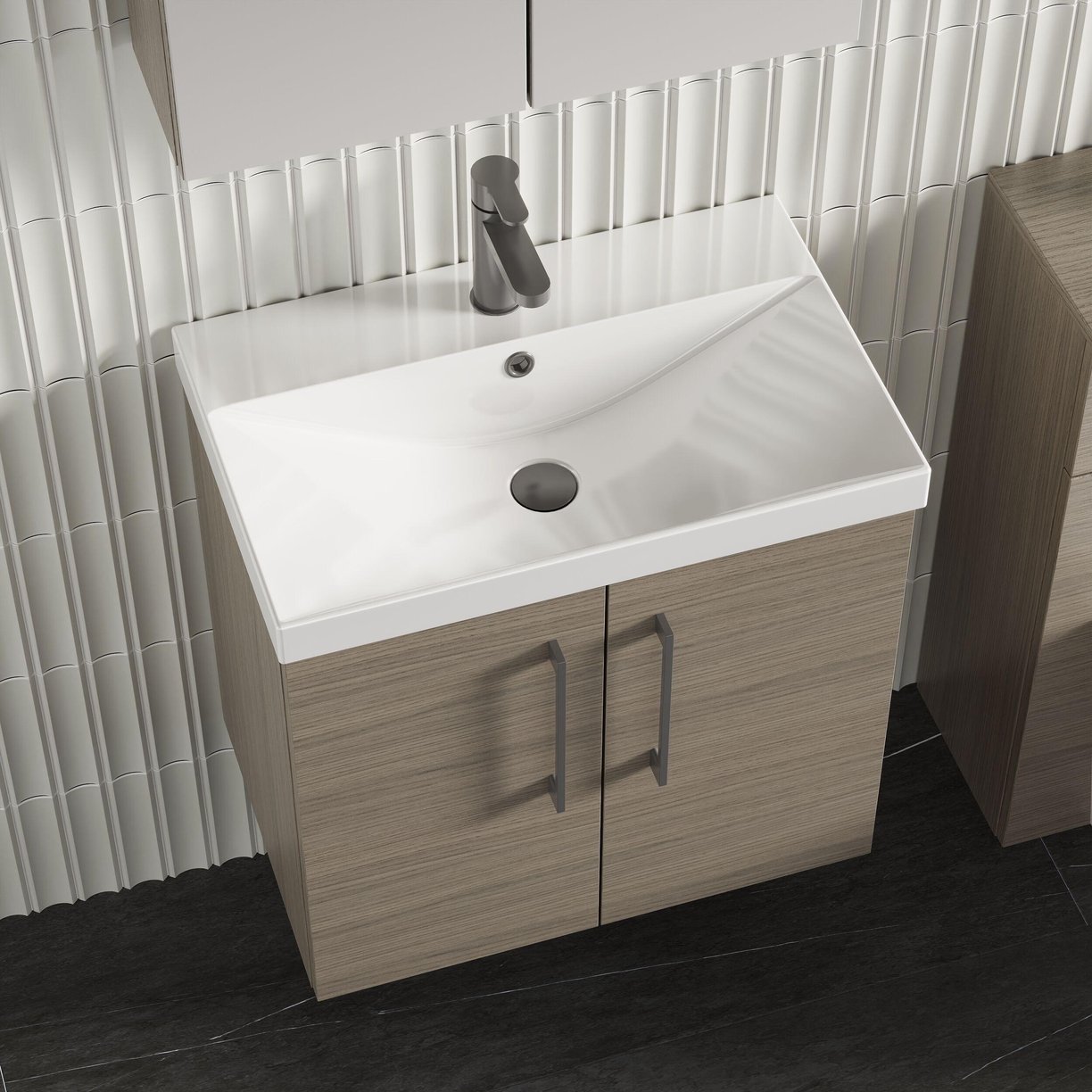 600mm WH 2-Door Vanity & Basin 3 - Solace Oak Woodgrain