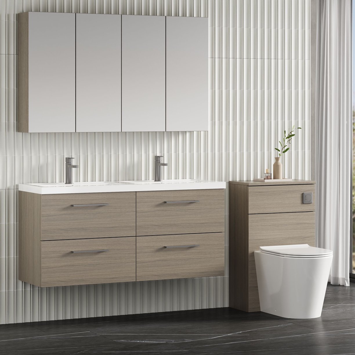 1200mm WH 4-Drawer Vanity & Double Basin - Solace Oak Woodgrain
