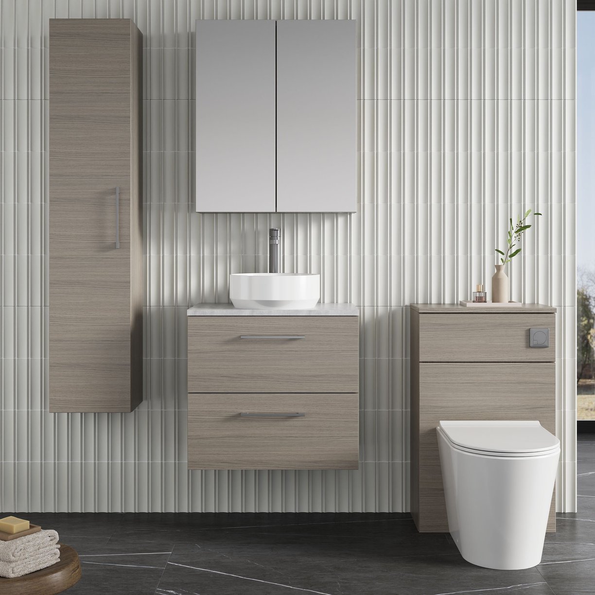 600mm WH 2-Drawer Vanity & Laminate Top - Solace Oak Woodgrain