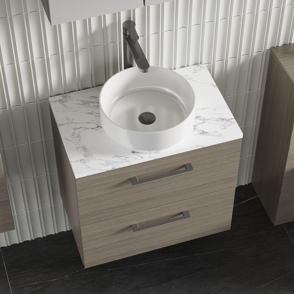 600mm Wh 2-Drawer Vanity & Laminate Top - Grey Vicenza Oak
