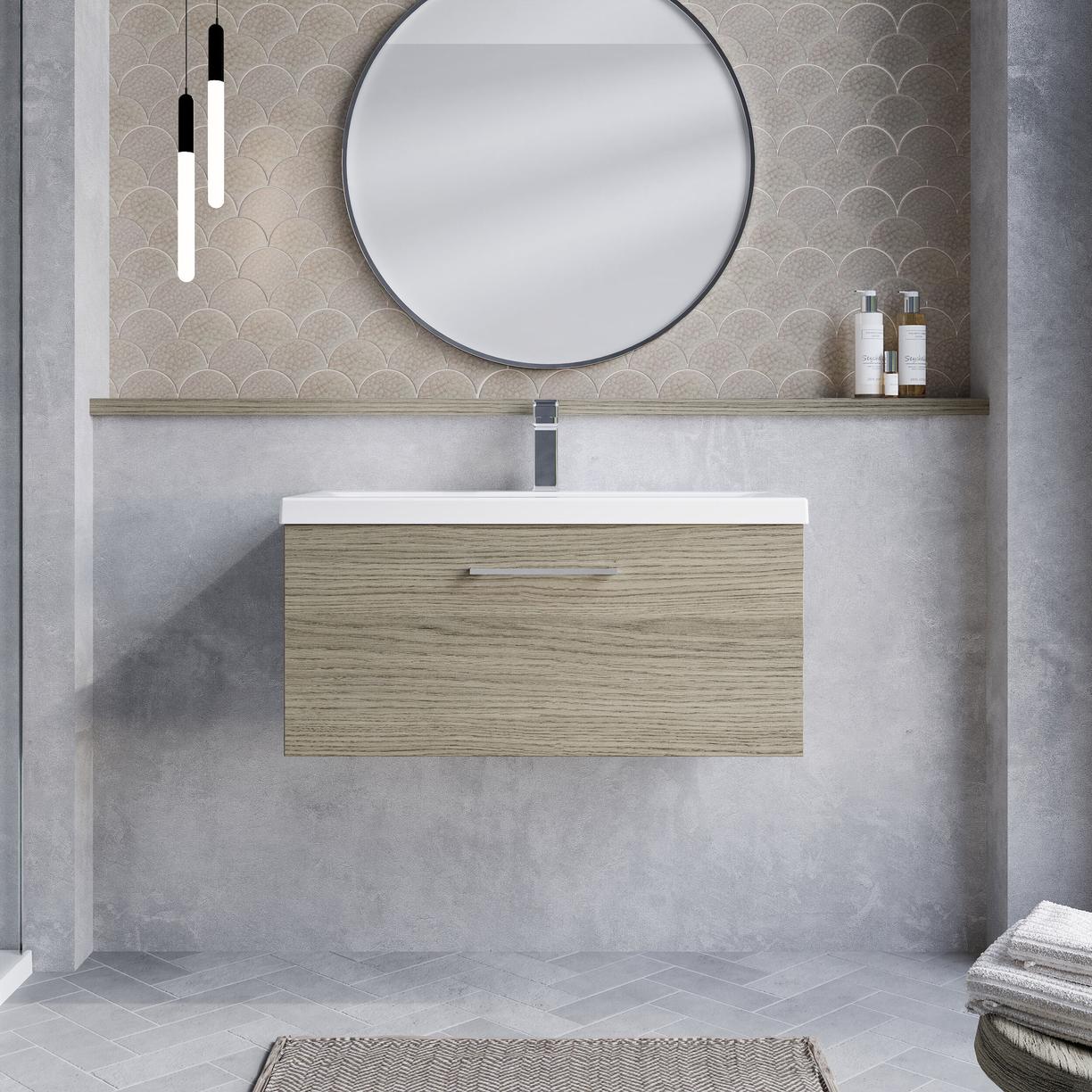 800mm WH 1-Drawer Vanity & Basin 1 - Solace Oak Woodgrain