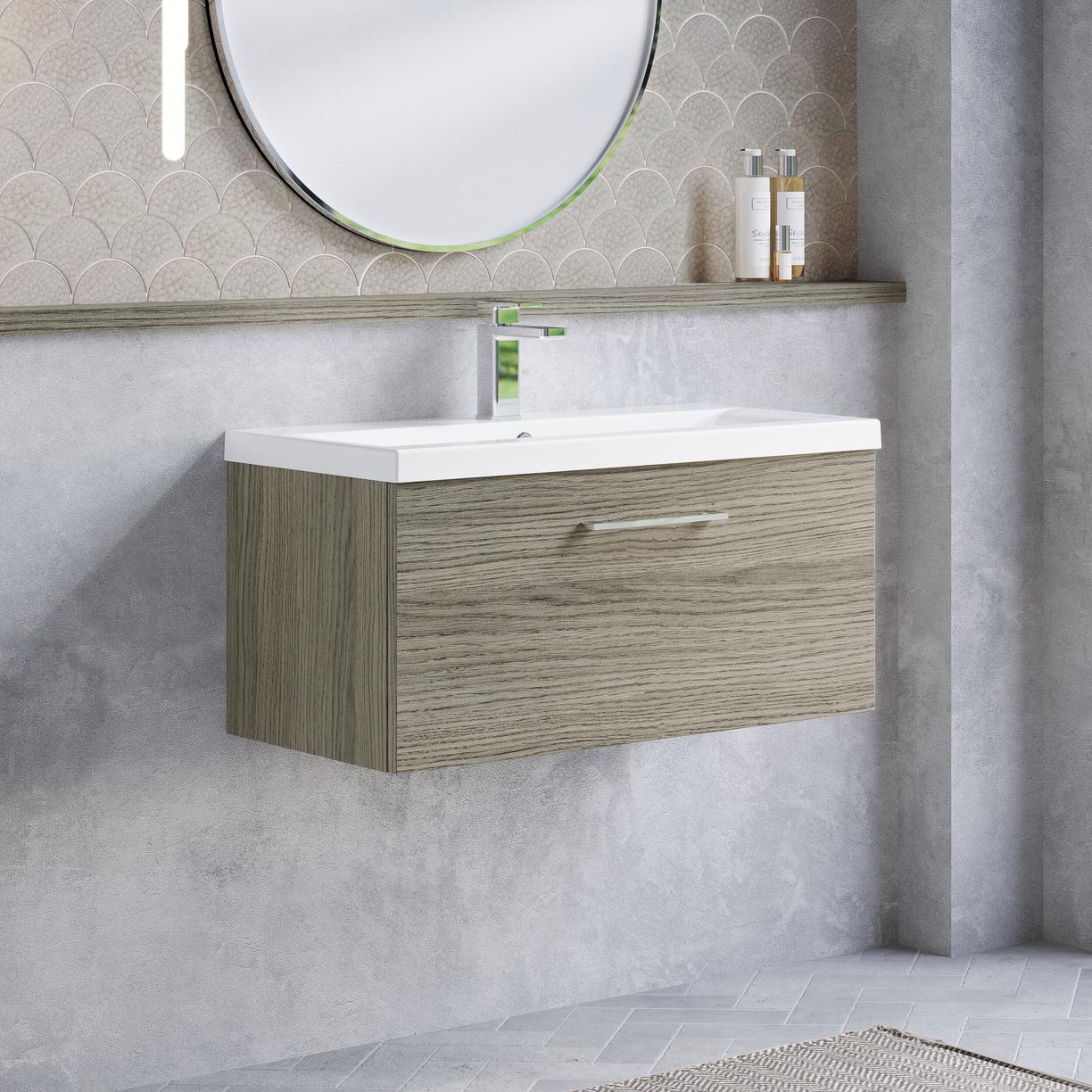 800mm WH 1-Drawer Vanity & Basin 1 - Solace Oak Woodgrain