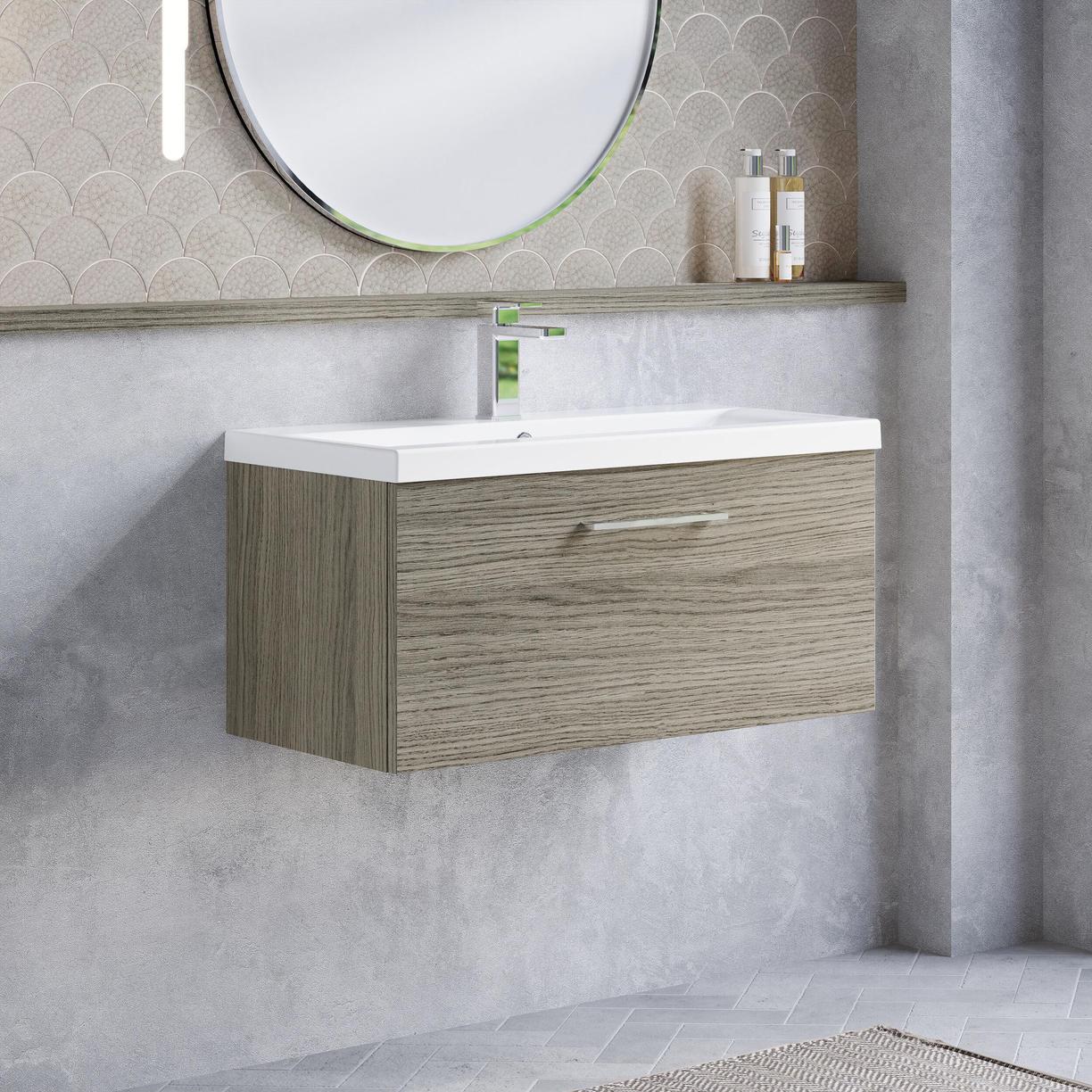 800mm WH 1-Drawer Vanity & Basin 1 - Solace Oak Woodgrain