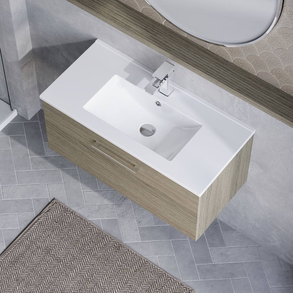 800mm WH 1-Drawer Vanity & Basin 2 - Solace Oak Woodgrain