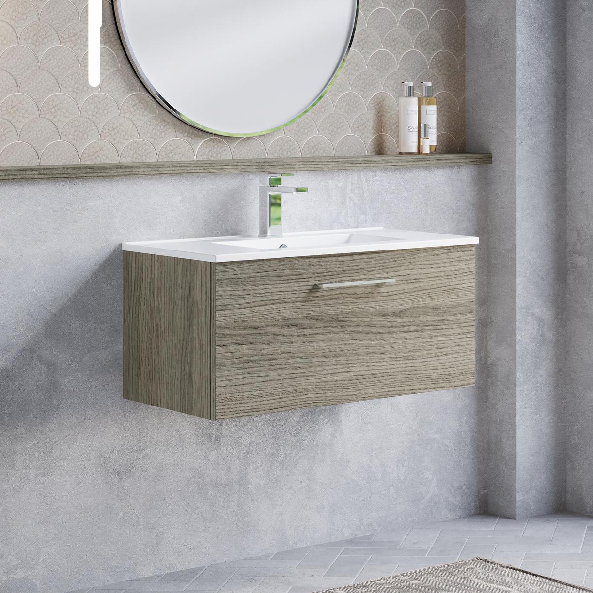 800mm WH 1-Drawer Vanity & Basin 2 - Solace Oak Woodgrain