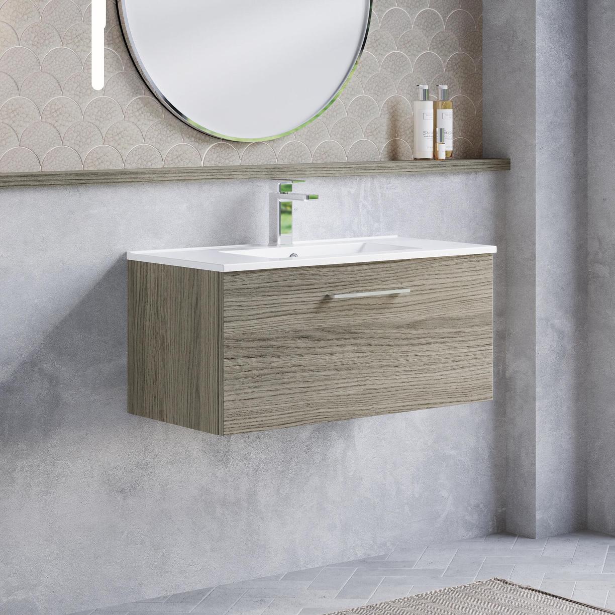 800mm WH 1-Drawer Vanity & Basin 2 - Solace Oak Woodgrain