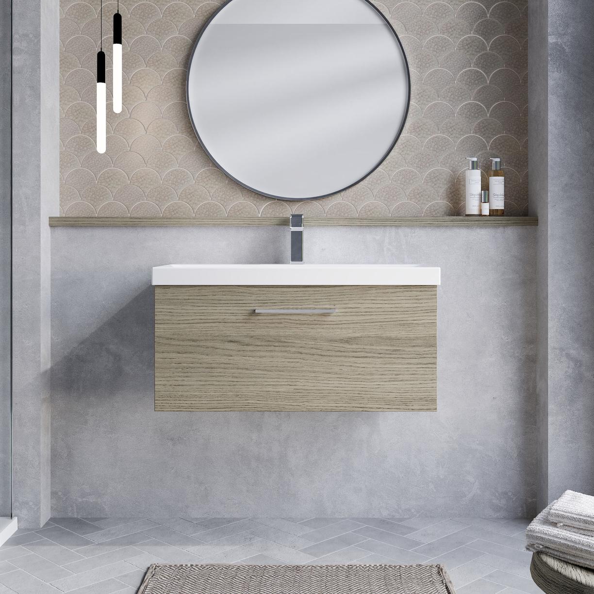800mm WH 1-Drawer Vanity & Basin 3 - Solace Oak Woodgrain