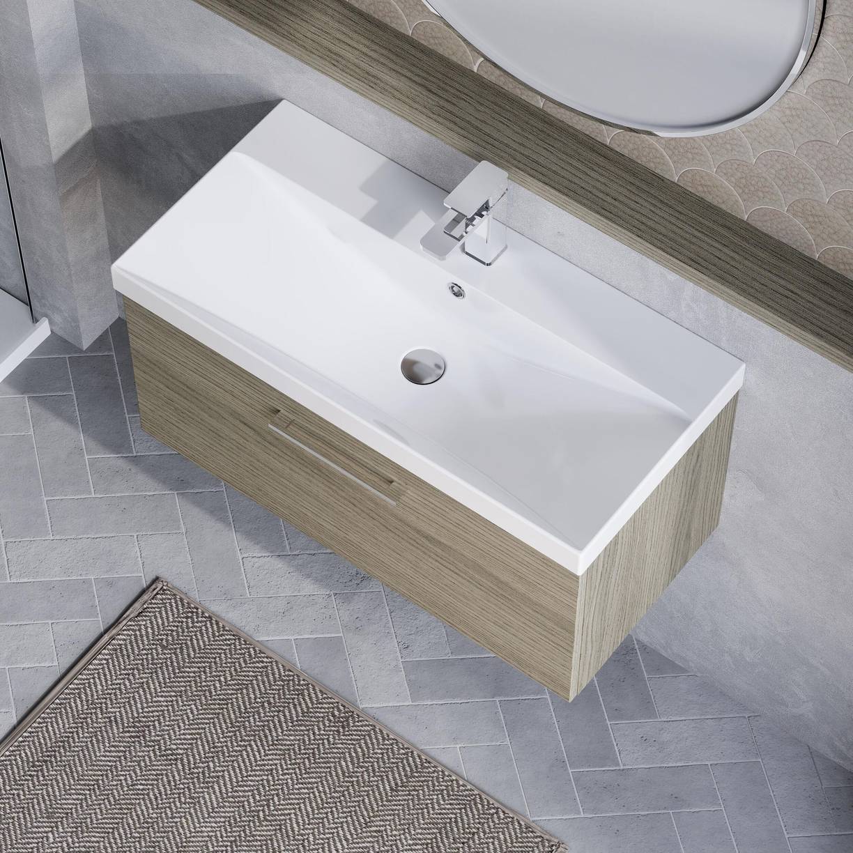 800mm WH 1-Drawer Vanity & Basin 3 - Solace Oak Woodgrain
