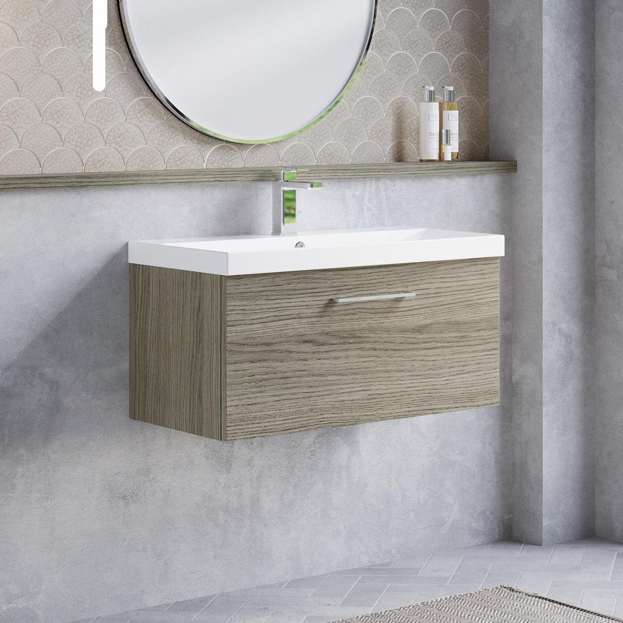 800mm WH 1-Drawer Vanity & Basin 3 - Solace Oak Woodgrain