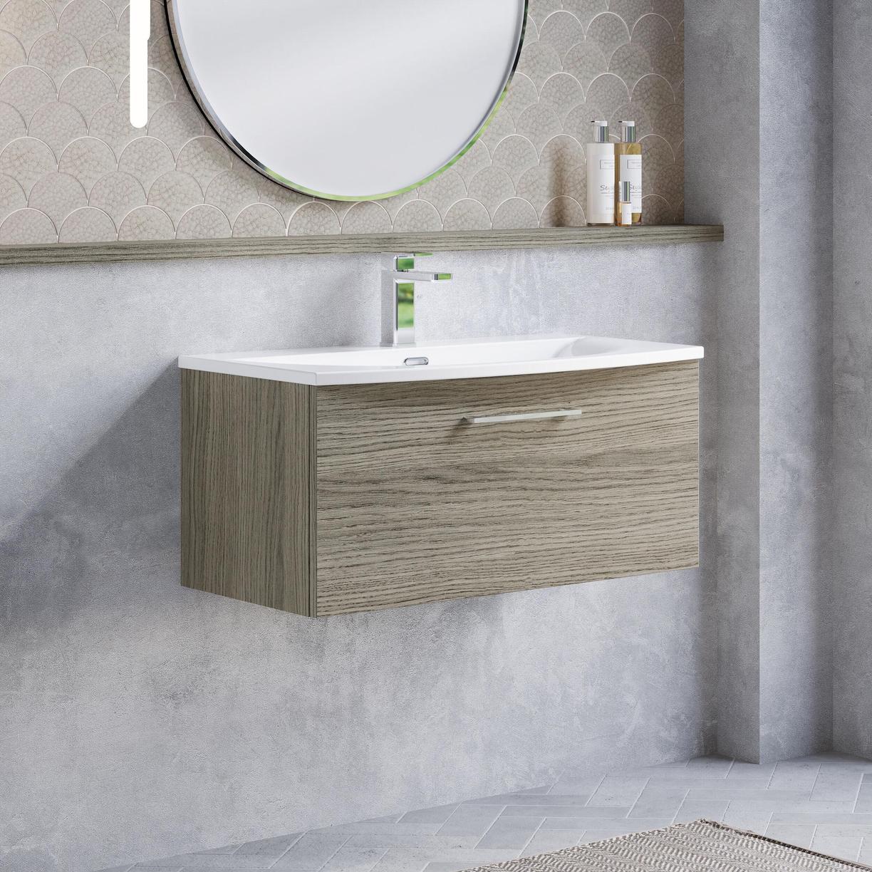 800mm WH 1-Drawer Vanity & Basin 4 - Solace Oak Woodgrain