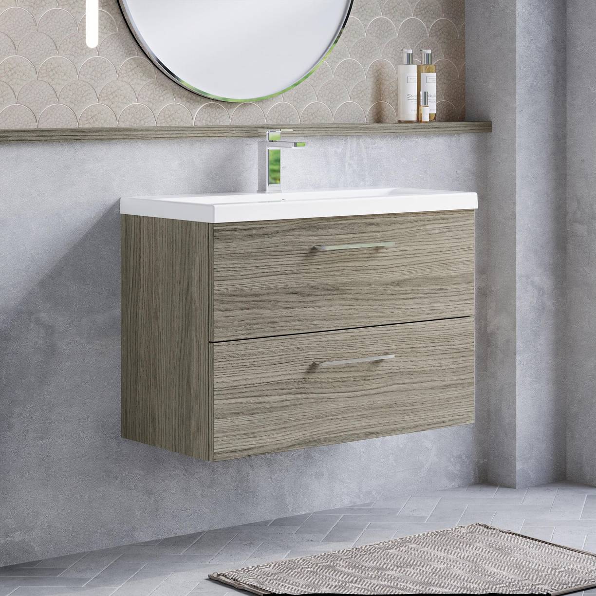 800mm WH 2-Drawer Vanity & Basin 1 - Solace Oak Woodgrain