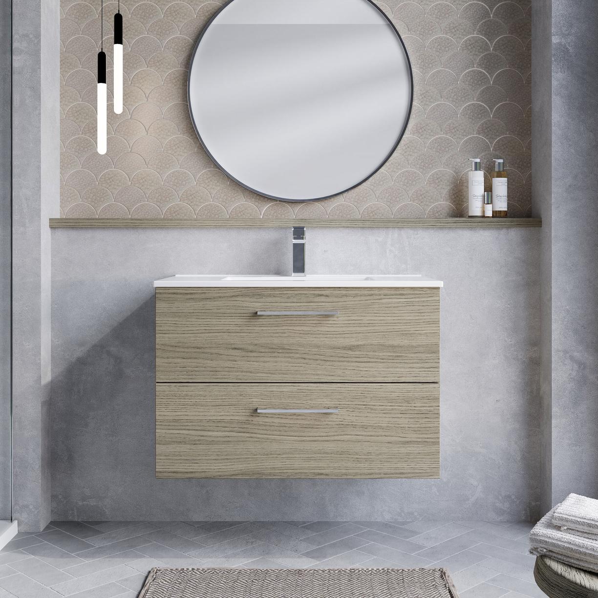 800mm WH 2-Drawer Vanity & Basin 2 - Solace Oak Woodgrain
