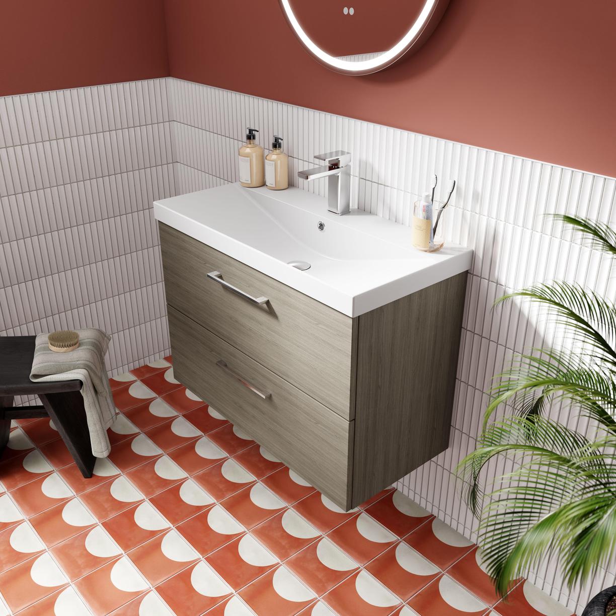 800mm WH 2-Drawer Vanity & Basin 3 - Solace Oak Woodgrain