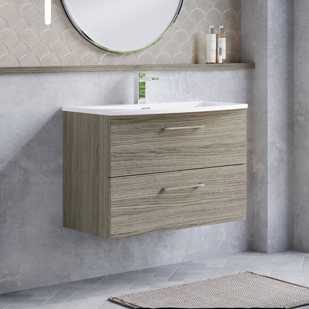 800mm WH 2-Drawer Vanity & Basin 4 - Solace Oak Woodgrain