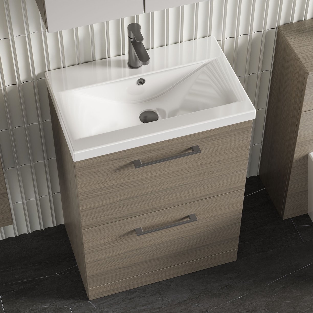 600mm FS 2-Drawer Vanity & Basin 1 - Solace Oak Woodgrain