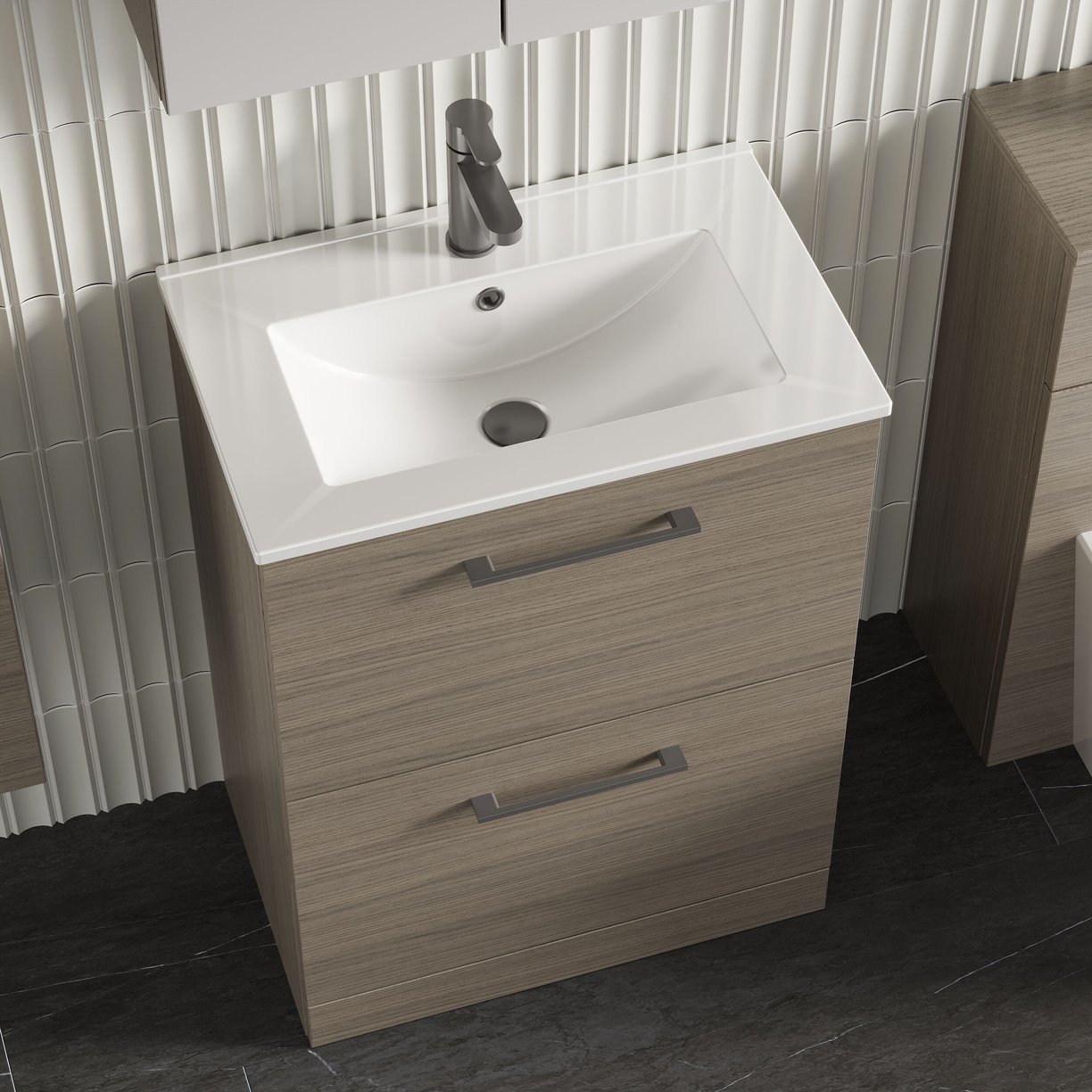 600mm FS 2-Drawer Vanity & Basin 2 - Solace Oak Woodgrain