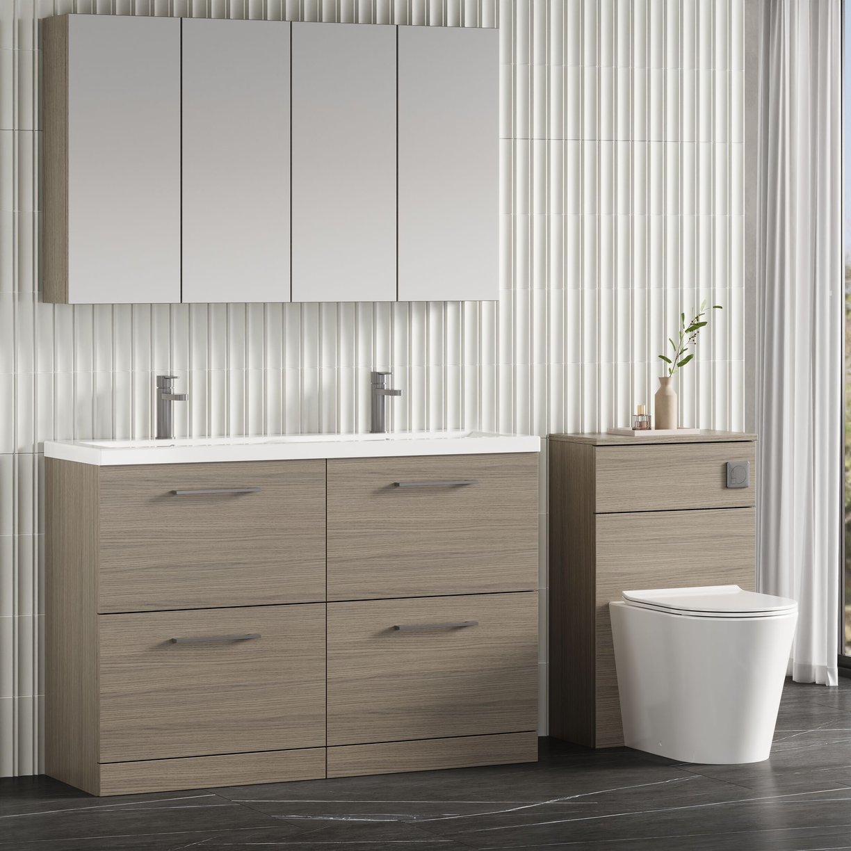 1200mm FS 4-Drawer Vanity & Double Basin - Solace Oak Woodgrain