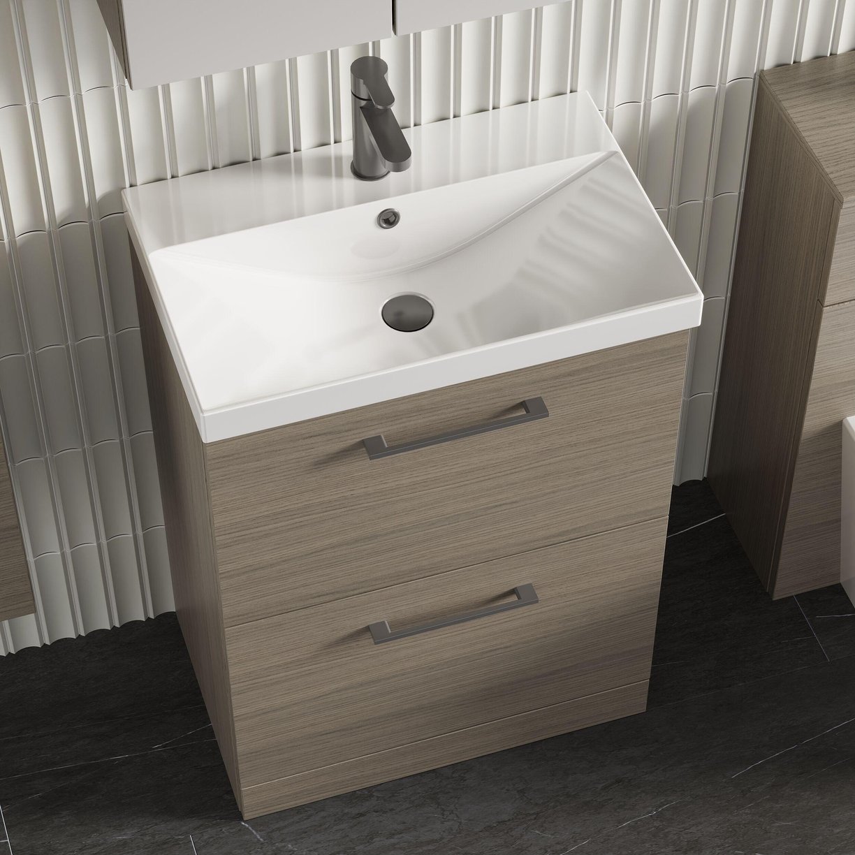 600mm FS 2-Drawer Vanity & Basin 3 - Solace Oak Woodgrain