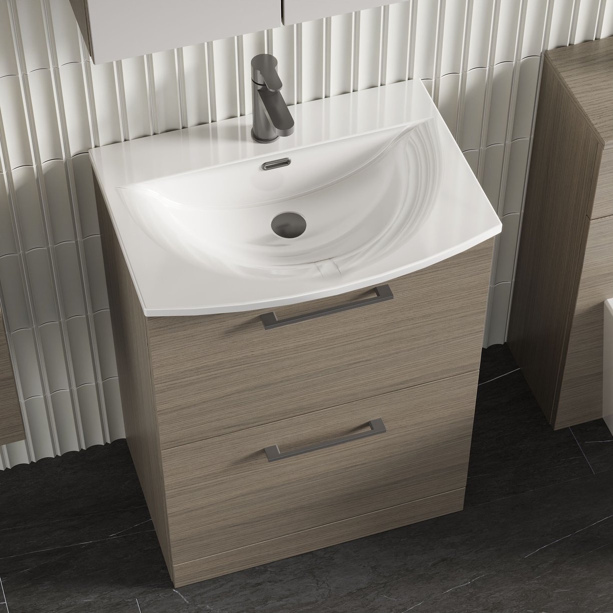 600mm FS 2-Drawer Vanity & Basin 4 - Solace Oak Woodgrain