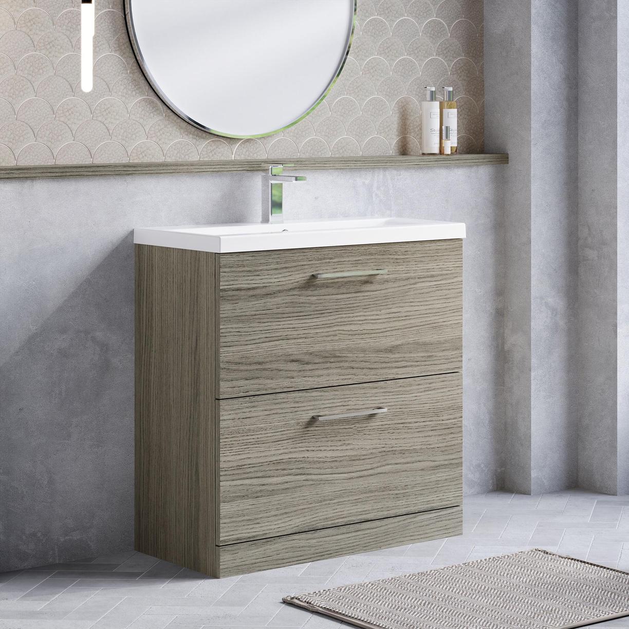 800mm FS 2-Drawer Vanity & Basin 1 - Solace Oak Woodgrain