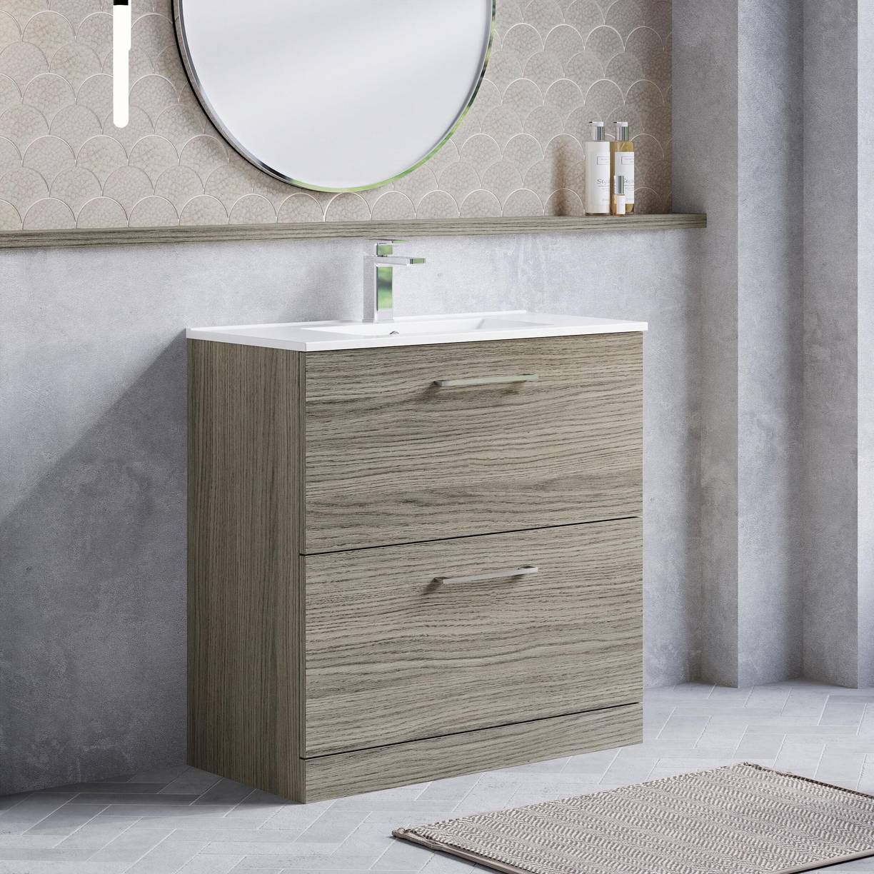 800mm FS 2-Drawer Vanity & Basin 2 - Solace Oak Woodgrain