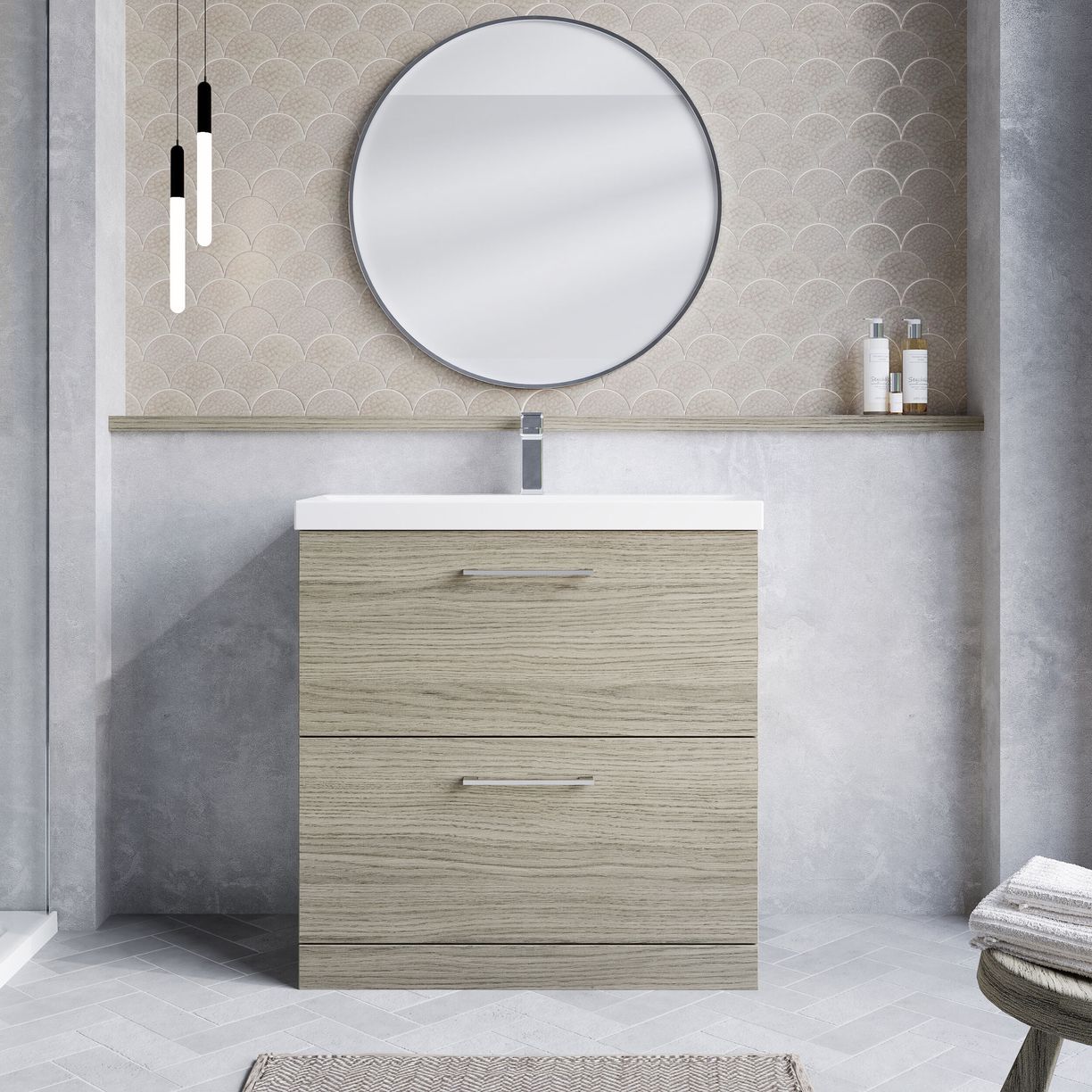 800mm FS 2-Drawer Vanity & Basin 3 - Solace Oak Woodgrain