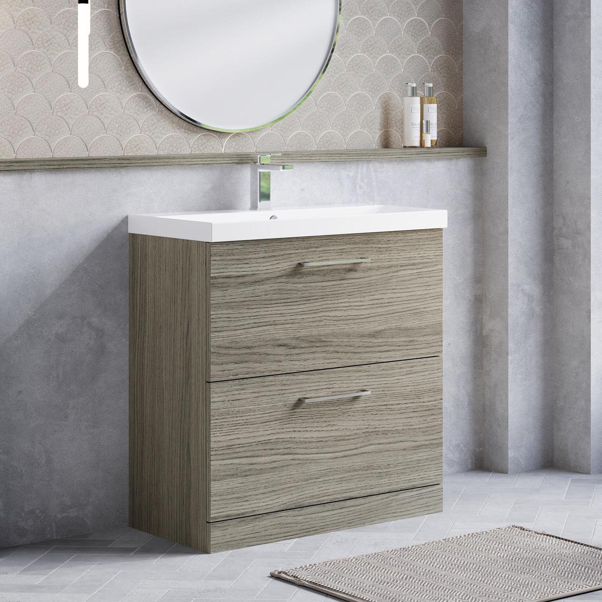 800mm FS 2-Drawer Vanity & Basin 3 - Solace Oak Woodgrain