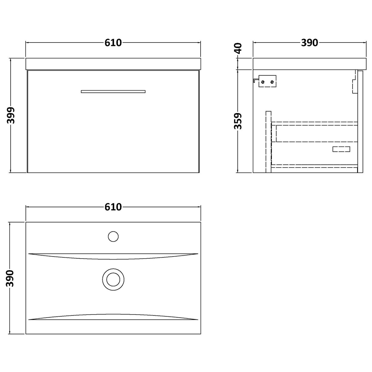 600 Wh 1-Drawer Vanity & Basin 1