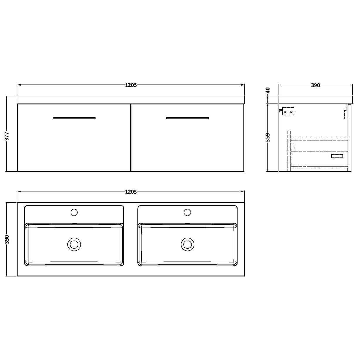1200 Wh 2-Drawer Vanity & Double Basin