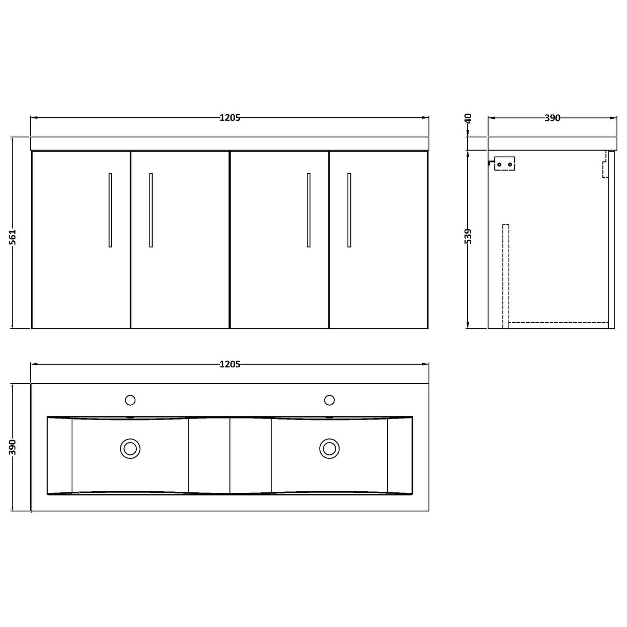 1200 Wh 4-Door Vanity & Double Basin