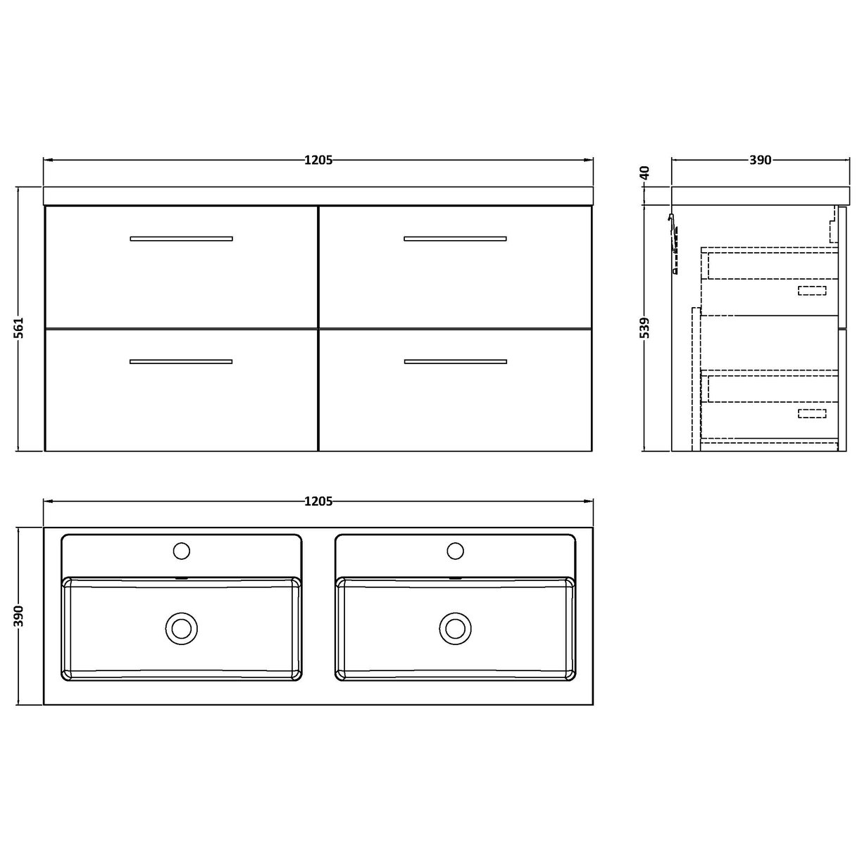 1200 Wh 4-Drawer Vanity & Double Basin