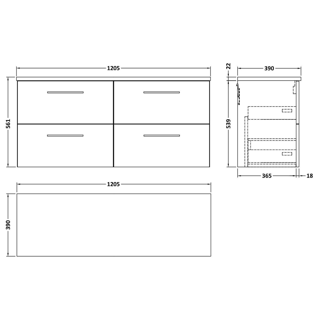 1200mm Wh 4-Drawer Vanity & Laminate Top - Indigo Blue