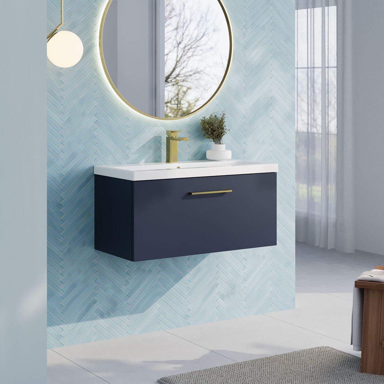 800mm Wh 1-Drawer Vanity & Basin 1 - Indigo Blue