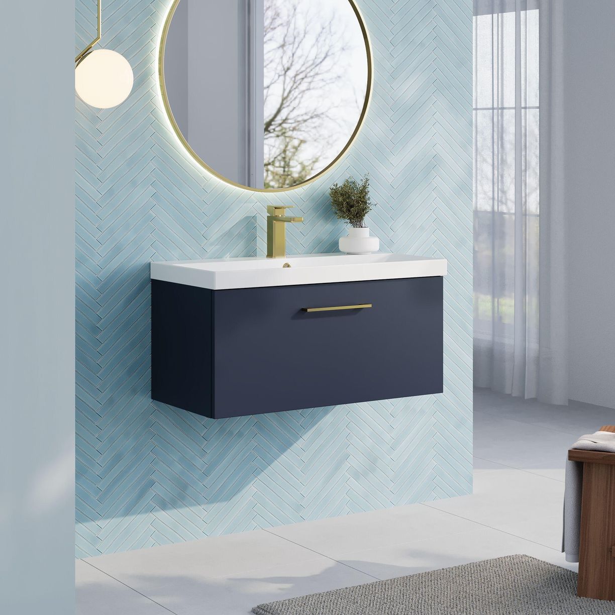 800mm Wh 1-Drawer Vanity & Basin 3 - Indigo Blue