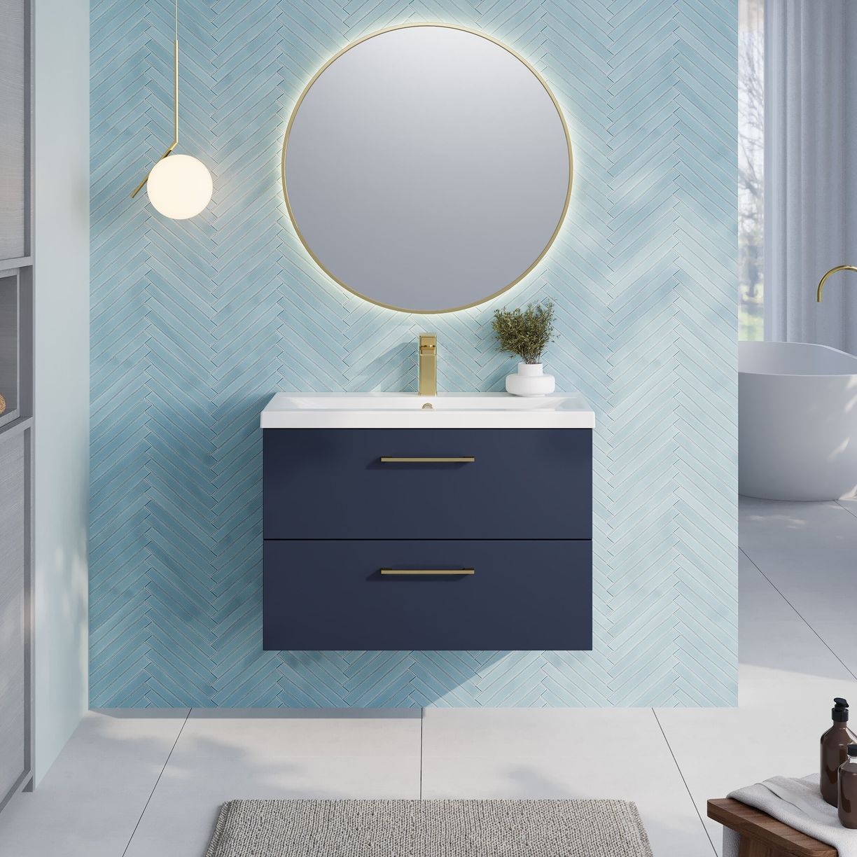 800mm Wh 2-Drawer Vanity & Basin 1 - Indigo Blue