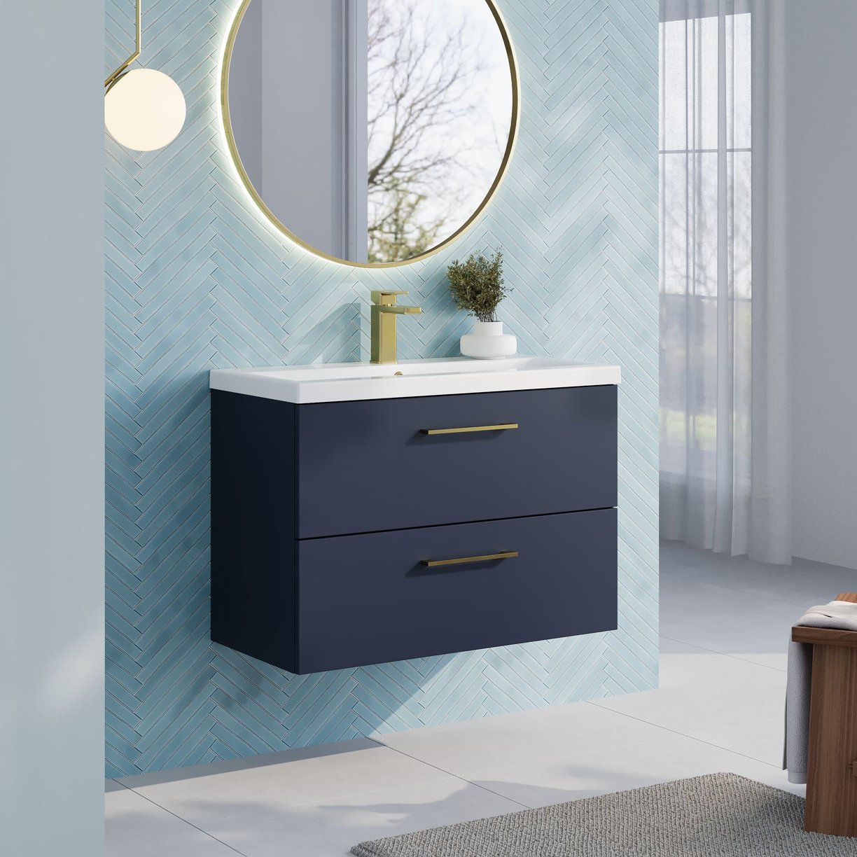 800mm Wh 2-Drawer Vanity & Basin 1 - Indigo Blue
