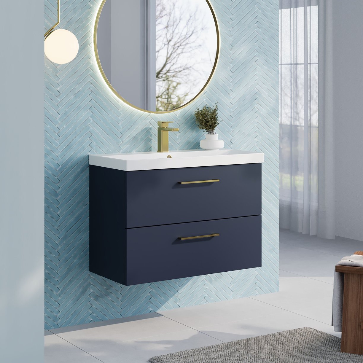 800mm Wh 2-Drawer Vanity & Basin 3 - Indigo Blue