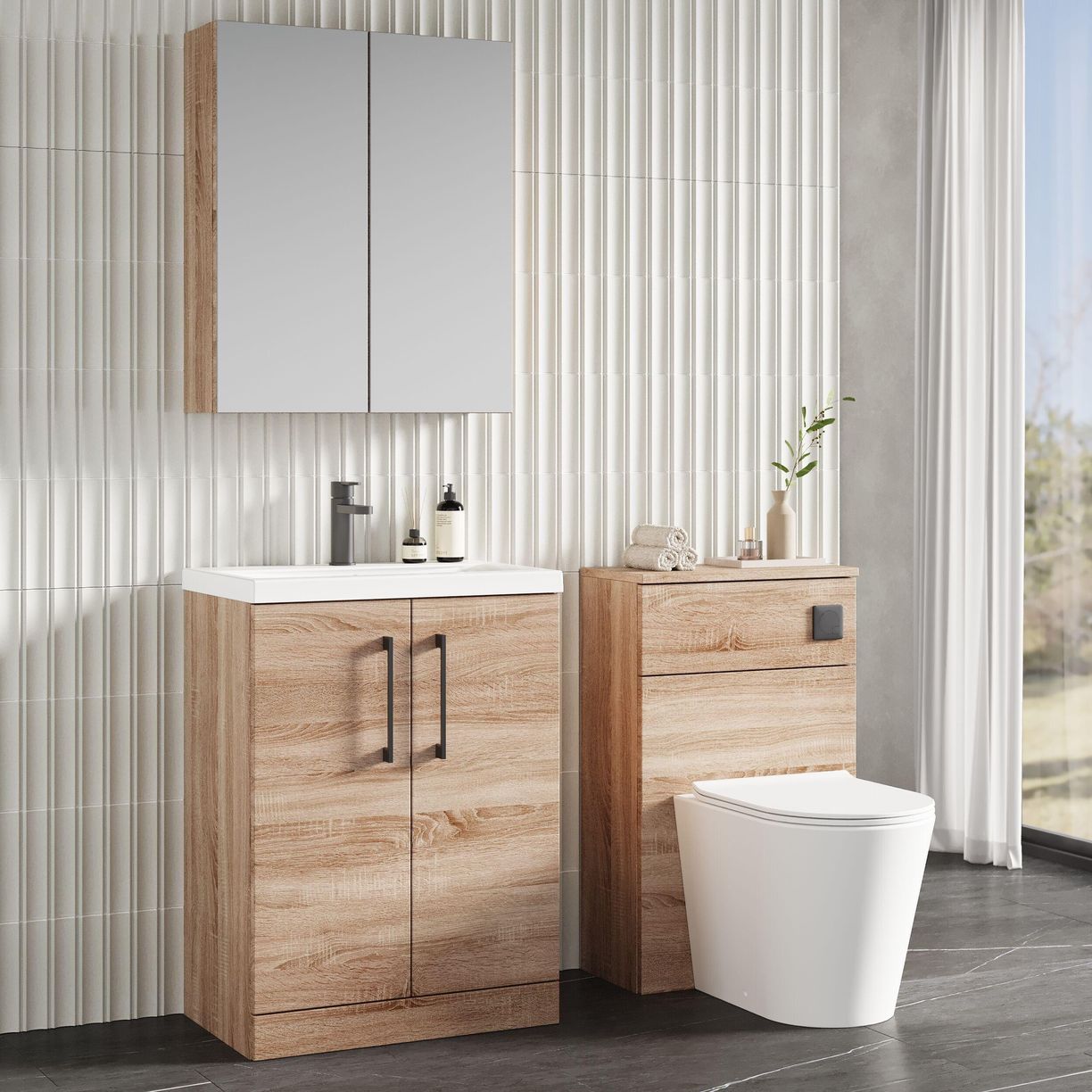 600mm FS 2-Door Vanity & Basin 1 - Bleached Cuneo Oak