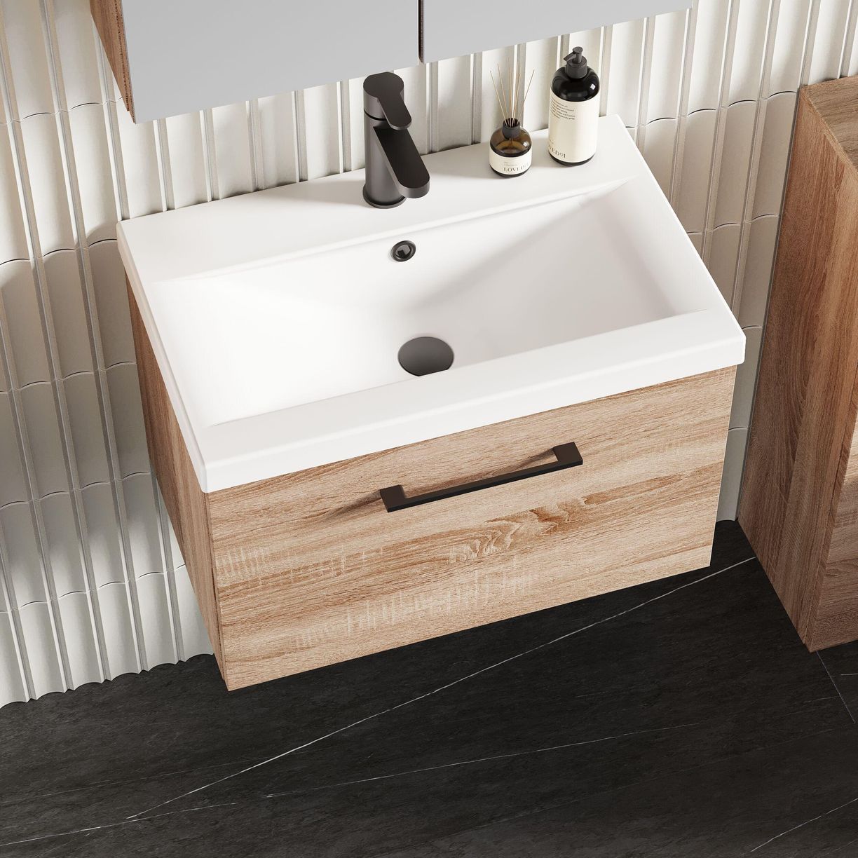600mm WH 1-Drawer Vanity & Basin 1 - Bleached Cuneo Oak