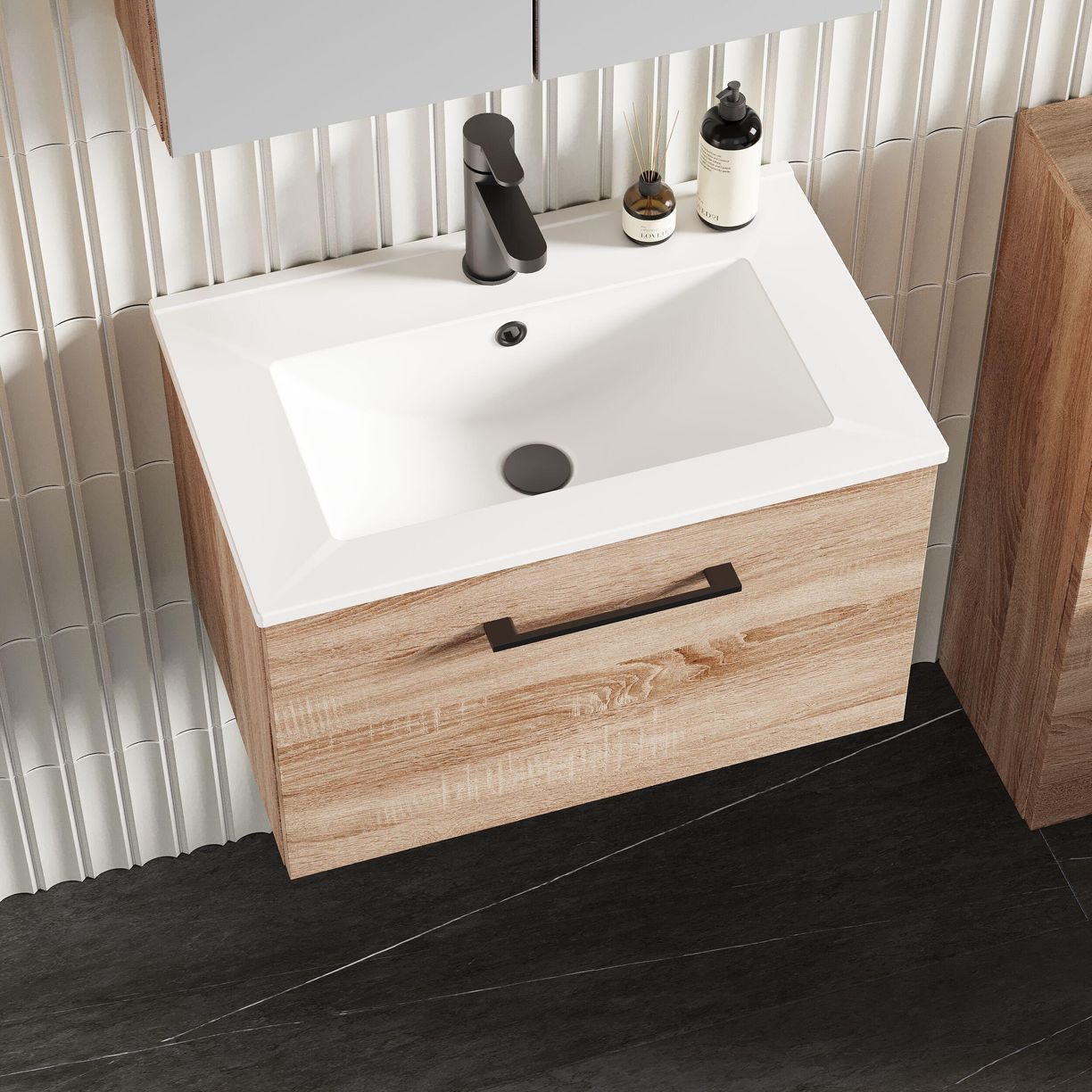 600mm WH 1-Drawer Vanity & Basin 2 - Bleached Cuneo Oak