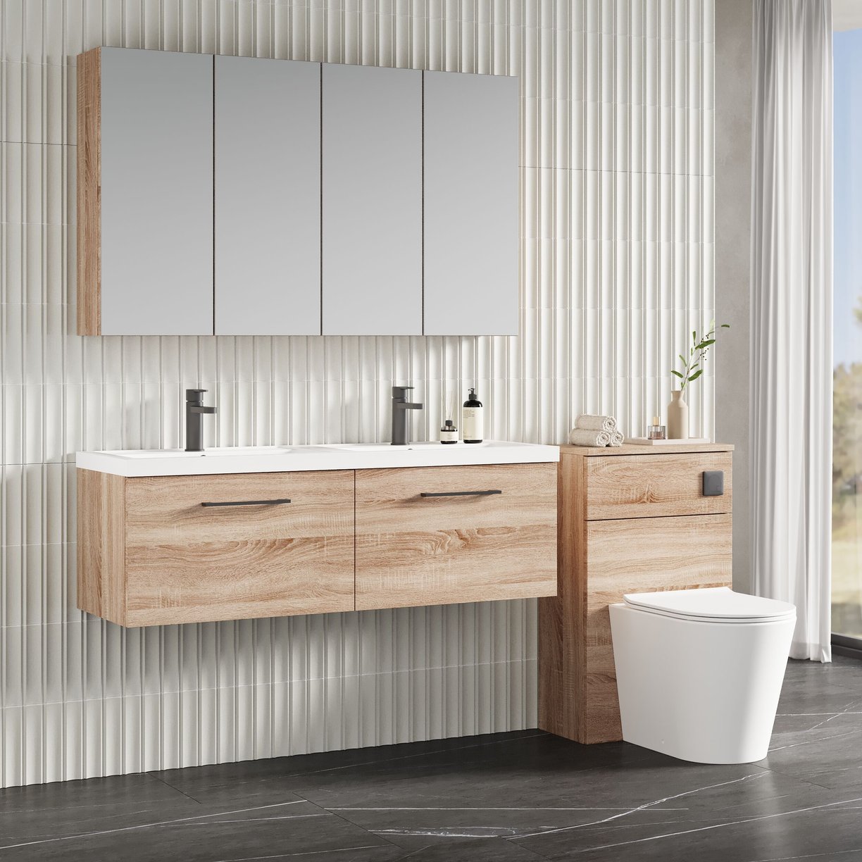 1200mm WH 2-Drawer Vanity & Double Basin - Bleached Cuneo Oak