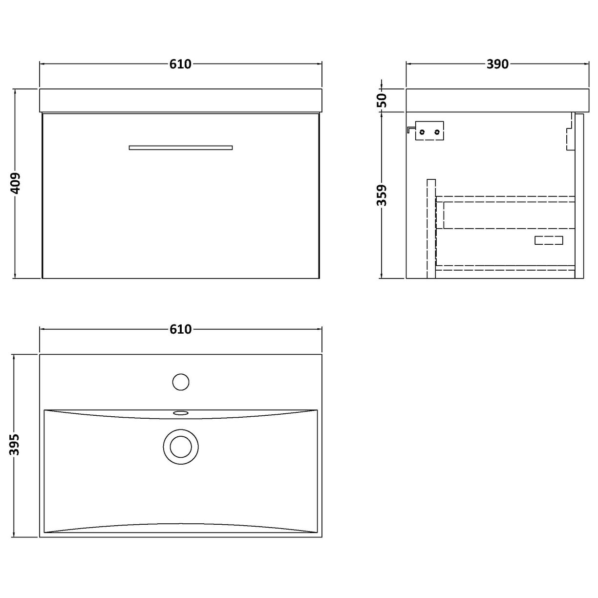 600 WH 1-Drawer Vanity & Basin 3